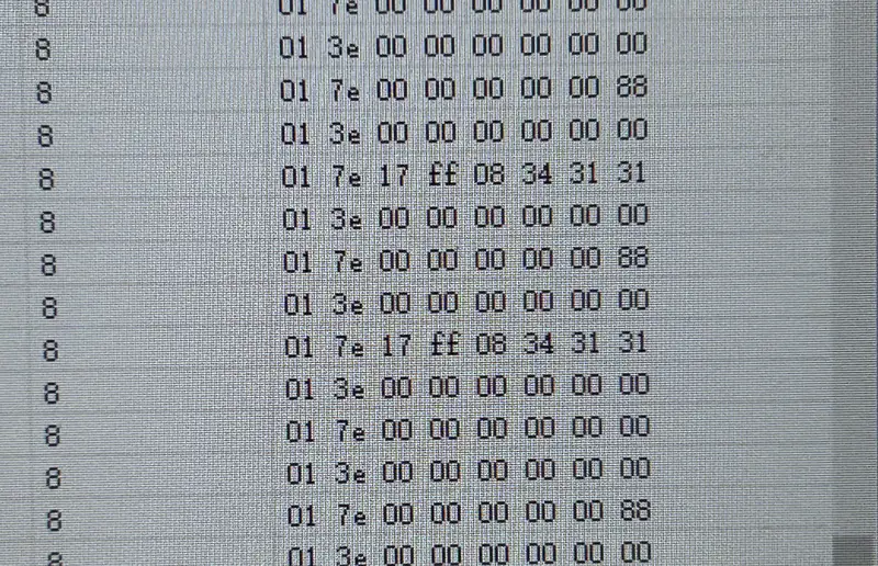 CAN bus trace showing eight-byte frames captured from a Porsche module